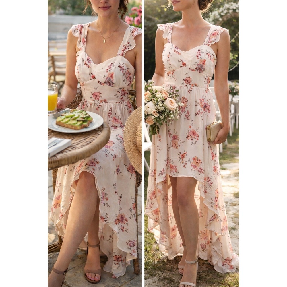Romantic Boho Floral High Low Dress Cottagecore Flowy Summer Size L